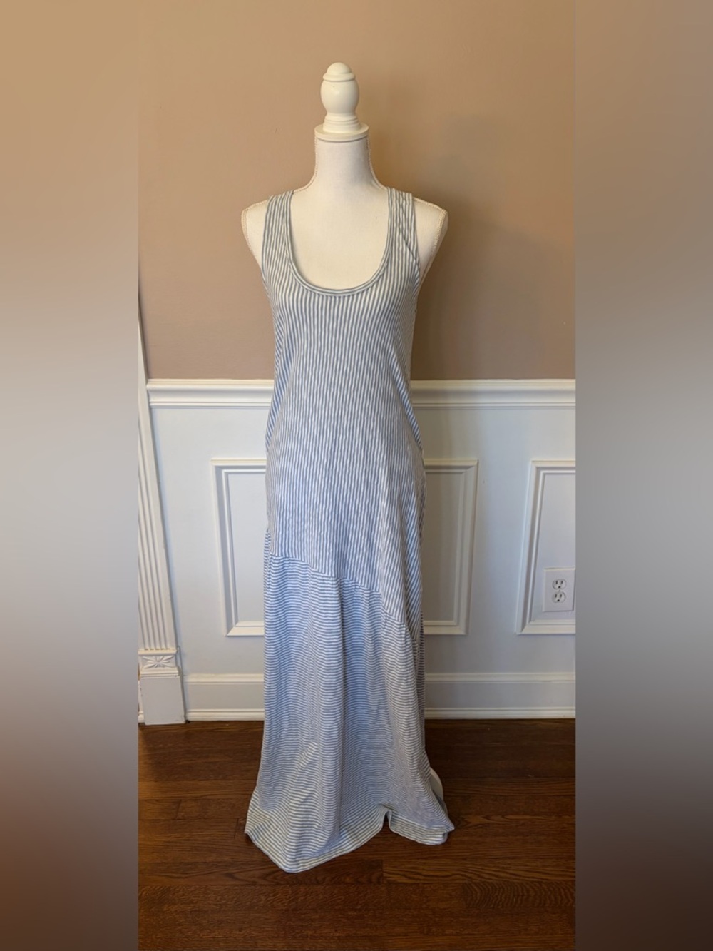 Lucky Brand Blue and White Striped Scoop Neck Maxi Dress